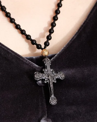 Vista 3 de Collar largo con colgante de cruz de obsidiana negra para mujeres y hombres, cristales y piedras con cuentas, amuleto ajustable, regalos de joyería