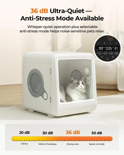Vista 8 de Caja secadora automática de mascotas de 70 litros para gatos y perros pequeños (hasta 28 libras) - flujo de aire suave de 6 lados, 4 modos rápidos