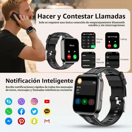 Vista 4 de Reloj inteligente con funciones AI, seguimiento GPS para teléfonos Android y iPhone, compatible con Bluetooth, alerta de mensajes de llamada Negro
