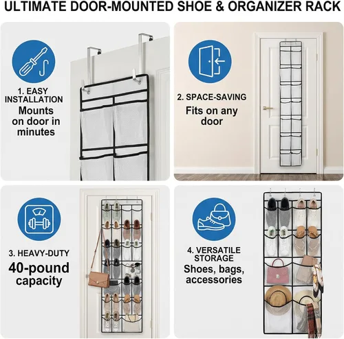 Vista 8 de Organizador de zapatos sobre la puerta con 14 bolsillos grandes de malla, almacenamiento colgante que ahorra espacio para zapatos y accesorios, Negro