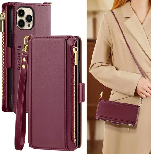 Vista 16 de Antsturdy - Funda cruzada tipo cartera para iPhone 12 Pro Max, color negro RFID Blocking,PU Leather Flip Cover,Kickstand,with Credit Card