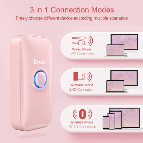 Vista 3 de Eyoyo - Mini escáner de código de barras Bluetooth portátil 1D inalámbrico, color rosa