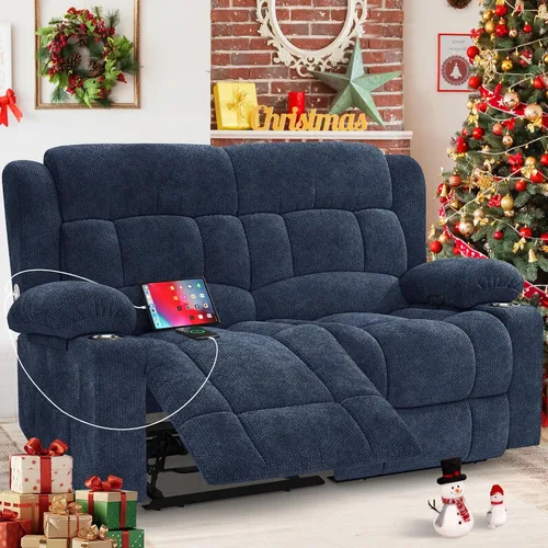 Vista 27 de Juego de sofá reclinable loveseat con 2+1 piezas, 2 plazas estilo minimalista reclinable manual con tirador, loveseat con puertos de carga USB