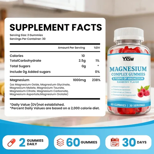 Vista 2 de Gomitas de complejo de magnesio 8 elementales de 1000 mg – Glicinato de magnesio, citrato, malato, taurato, apoya los huesos, los músculos, la salud