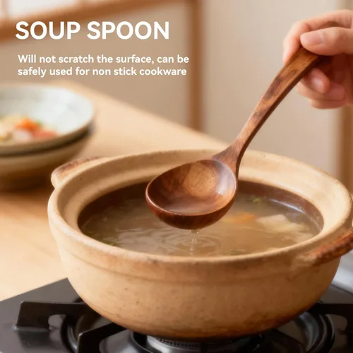 Vista 4 de Cucharón de madera para sopa, cuchara de madera de 10.63 pulgadas para cocinar, cuchara de servir de madera de mango largo, cuchara de madera