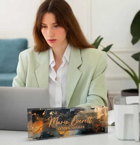 Vista 8 de Placa de identificación acrílica personalizada para escritorio, decoración de oficina personalizada E-negro oro