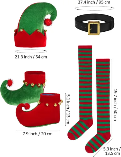 Vista 3 de AOTHSO Conjunto de disfraz de elfo de Navidad para niñas, disfraz de elfo, vestido de terciopelo, sombrero de elfo, cinturón de oreja, calcetines a