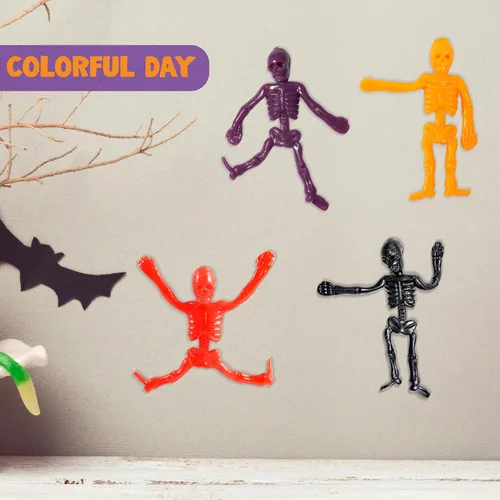 Vista 7 de JOYIN 72 piezas de esqueletos elásticos de Halloween, juguetes para aliviar el estrés de Halloween, 9 colores, juguetes elásticos de calavera