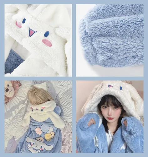 Vista 5 de aakg Bonita bata de forro polar con capucha para mujeres y niñas, diseño de dibujos animados kawaii, suave felpa cálida, talla única
