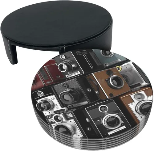 Vista 2 de Retro Cool Camera Collection Coasters Set of 6 with Holder Non-Slip Leather Coaster for Drinks Round Drink Coaster for Tabletop Protection, Cup Mat