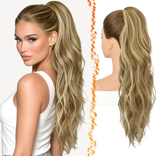 Vista 11 de BARSDAR 25 Inch Synthetic Dual Claw Clip Auburn Brown Loose Wavy Ponytail