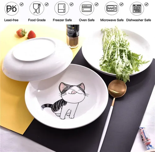 Vista 4 de Juego de 5 platos de cerámica con bonito diseño de gato, platos llanos grandes de porcelana para ensalada de postre de 7.28 pulgadas, platos