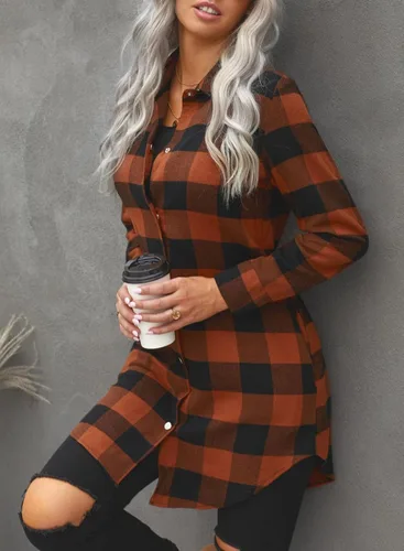 Vista 3 de EVALESS Chamarra Shacket de Cuadros con Bloques de Color para Mujer, Ropa de Otoño, Conjuntos de Moda 1b marrón