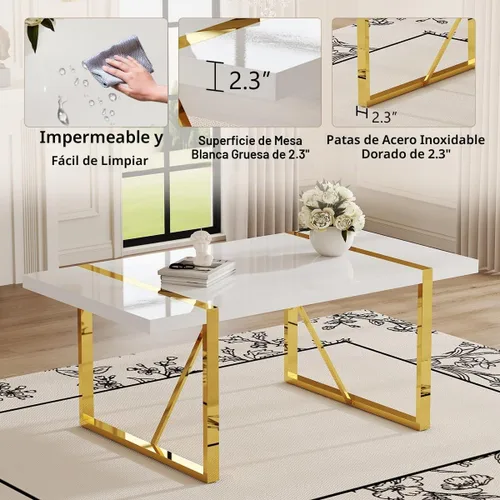 Vista 4 de Ebullient Juego de Mesa de Cocina Rectangular de MDF Blanca y Sillas de Comedor de Cuero Set de 6, Mesa de Comedor con Marco de Metal Dorado Moderno