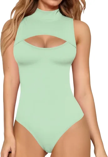 Vista 17 de MANGOPOP - Body de cuello alto con recorte frontal para mujer, manga larga, sin mangas, cuello de tortuga, trajes sexys 01 Manga larga negra