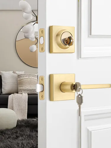 Vista 43 de EHOMEWARE Juego de manijas dobles para puerta delantera, paquete de 1 manija de puerta cuadrada de latón satinado, combinación de perilla de puerta