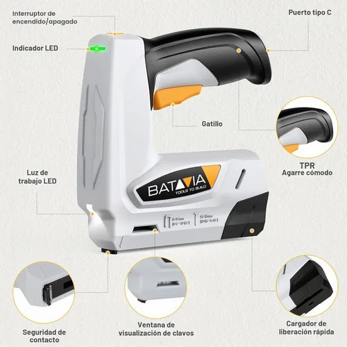 Vista 8 de BATAVIA Pistola de grapas inalámbrica de 4 V, T50 2 en 1 y clavadora Brad Gris