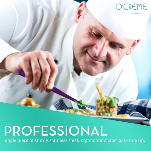 Vista 4 de O'Creme - Pinzas de cocina de acero inoxidable con punta fina Precision plating tongs in purple, 6.25 inches long — ideal for garnishing, plating