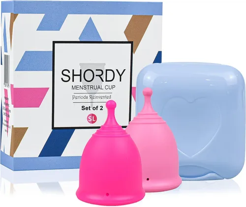 Vista 14 de SHORDY Juego de 2 tazas menstruales (pequeñas/grandes) con caja, copa menstrual suave y copas de período flexibles para mujeres de hasta 12 horas