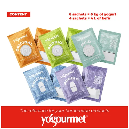 Vista 2 de Paquete de variedad Yogourmet (10 sobres) de cultivos iniciales para yogur y kéfir - Haz yogur en casa - Todo natural, sin gluten, kosher, halal