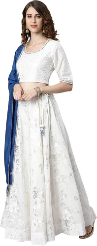Vista 4 de Janasya Lehenga Choli de poli seda blanca con Dupatta para mujer, Blanco