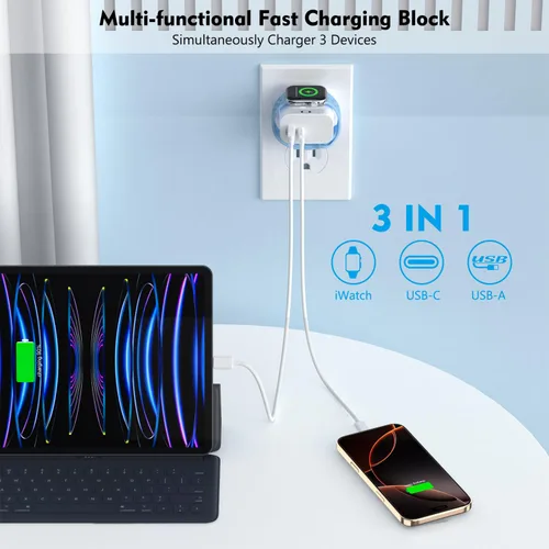 Vista 2 de Cargador de Apple Watch, magnético inalámbrico para carga de Apple Watch, paquete de 2, 23 W de doble puerto (USB-C + USB-A), bloque de carga rápida