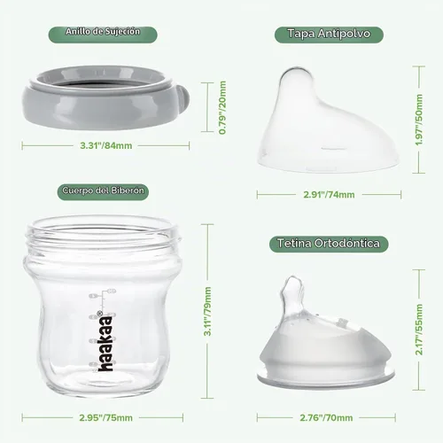 Vista 8 de haakaa Gen.3 Biberón de vidrio natural de 4.2 onzas líquidas, pezón de flujo lento anticólicos de cuello ancho para bebés amamantados de 0 meses Gris