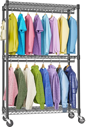 Vista 9 de M MZG Perchero resistente con ruedas de 3 niveles de alambre ajustable con 3 varillas y ganchos laterales, estante de ropa para armario, color Negro