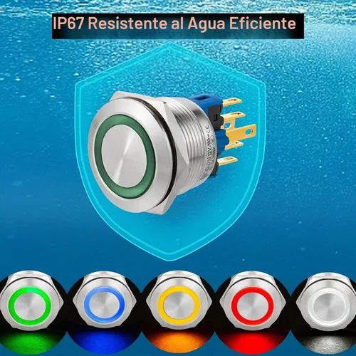 Vista 6 de 2 interruptores de botón de cierre de 0.866 in, 7/8 pulgadas, 110 V-120 V, SPDT, interruptor de encendido y apagado, impermeable, IP67, acero Azul