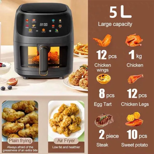 Vista 2 de Freidora de aire, freidora de aire con ventana de visualización y pantalla táctil, sin aceite y más saludable, gran capacidad de 5 l, control Negro