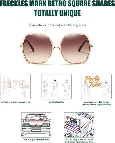 Vista 4 de Freckles Mark Gafas de sol cuadradas de gran tamaño de los años 70 para mujer, marco de plástico rectangular vintage