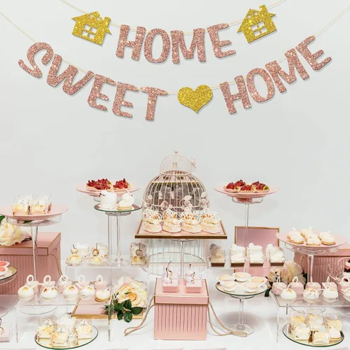 Vista 5 de Home Sweet Home Banner – Suministros para fiestas de bienvenida a casa – Decoración de fiesta de inauguración de la casa – Purpurina de oro rosa