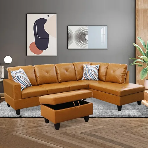 Vista 16 de Juego de sofá modular de cuero, sofá en forma de L para sala de estar, juego de muebles de sala y sofá seccional de cuero para apartamento y hogar