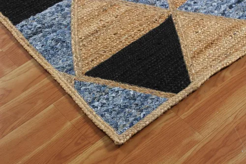 Vista 9 de Chindi - Alfombra cuadrada de yute de algodón de 3 pies, diseño beige y multicolor, patrón geométrico trenzado a mano de yute para interiores