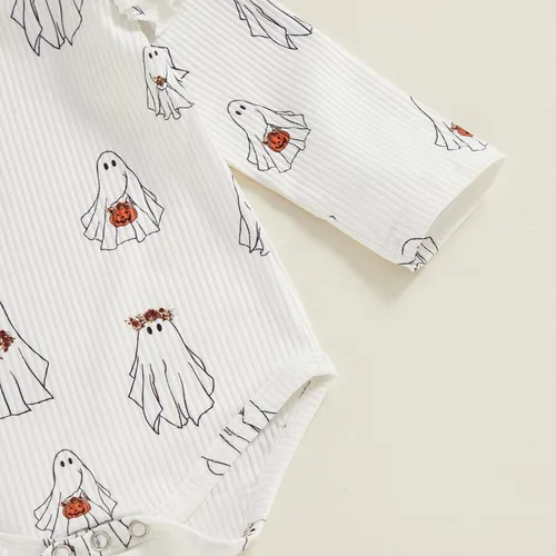 Vista 4 de Mandizy Ropa de bebé de Halloween para niña, conjunto de falda con tirantes de calabaza, fantasma, manga larga, mameluco de pana, vestido de overol