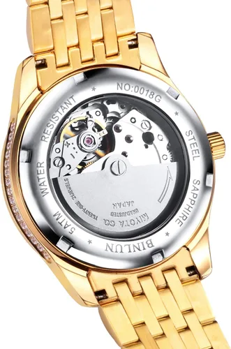 Vista 3 de BINLUN Reloj de pulsera para hombre, mecánico automático, reloj dorado con cuerda automática, elegante, chapado en oro de 18 quilates, relojes