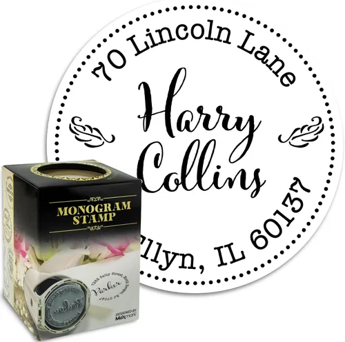 Vista 11 de Sello autoentintado con monograma personalizado, regalo perfecto para las fiestas en una elegante caja de regalo. Elige entre 15 colores de tinta