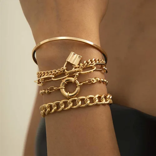 Vista 6 de OOOPEL 4 pulseras de oro chapadas en oro de 18 quilates de acero inoxidable para mujer, pulseras de cadena de serpiente, pulseras de eslabones