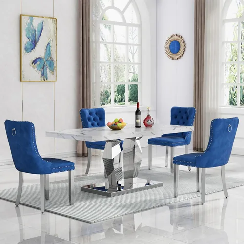 Vista 16 de Juego de 5 mesas de comedor de mármol sintético, juego de mesa de cocina y comedor para 4, mesa de comedor rectangular blanca de 70 pulgadas