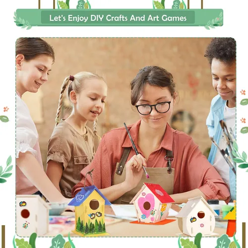 Vista 2 de ILHSTY Paquete de 6 casas de pájaros grandes de bricolaje para niños, manualidades para niños, casas de madera para manualidades, fiestas de clase