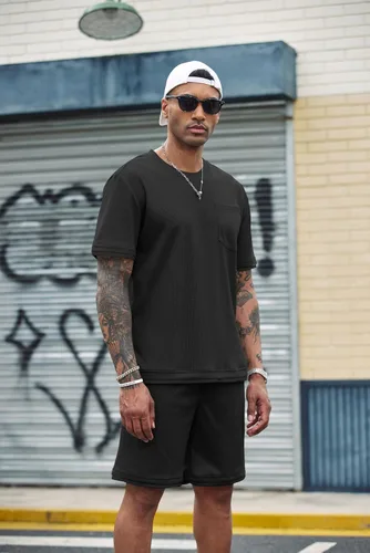 Vista 39 de COOFANDY Conjunto de camisa y pantalones cortos de gofre para hombre, conjunto de 2 piezas, conjunto casual de verano con bolsillos