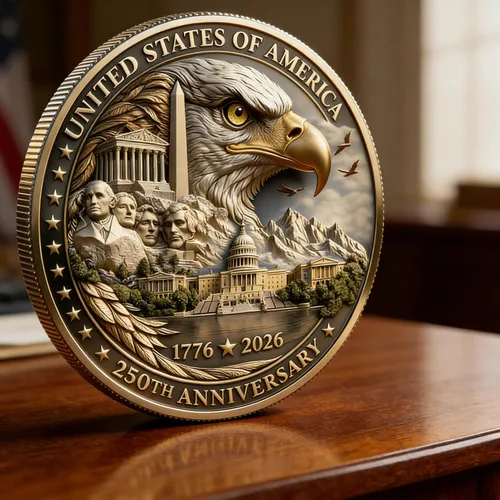 Vista 4 de Moneda del 250 aniversario de Estados Unidos 1776-2026 Mercancía 3D America 250 para celebración patriótica, regalos del Día de la Independencia