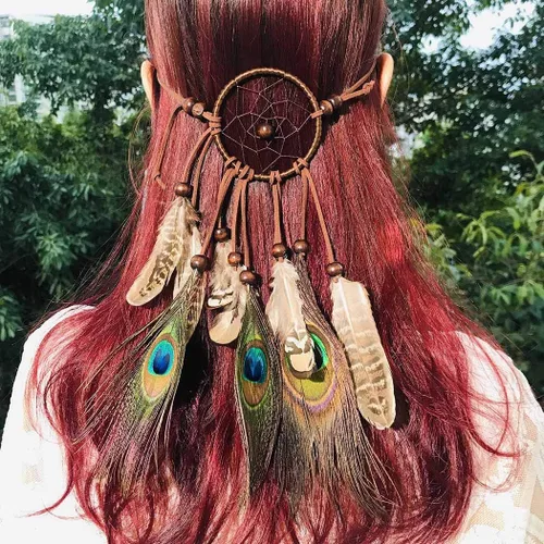 Vista 2 de Campsis Diadema de plumas de atrapasueños estilo bohemio indio con borlas para el cabello para mujeres y niñas