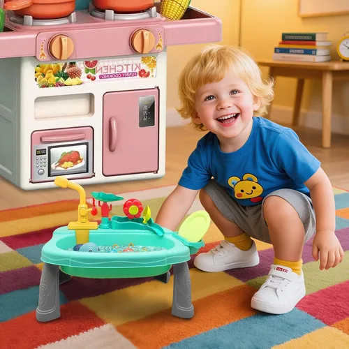 Vista 8 de STBEIMEIMY Fregadero de Juego para Niños con Agua Corriente, Mesa de Agua Mini, Juguetes de Agua, Grifo Mejorado y Platos de Juego, Juguete