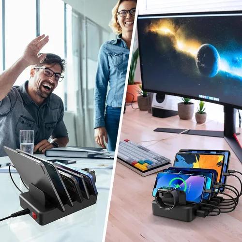 Vista 7 de Estación de Carga para Múltiples Dispositivos, CREATIVE DESIGN Estación de Carga USB 50W de 6 Puertos con Soporte para Apple Watch y 6 Cables
