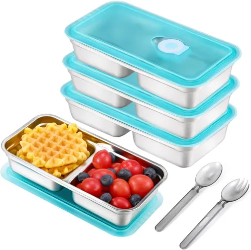 Vista 8 de Recipientes de Acero Inoxidable para Snacks con Tapas, Paquete de 2 Loncheras Reutilizables Grab and Go de 2 Compartimentos para Viajes y Campamento