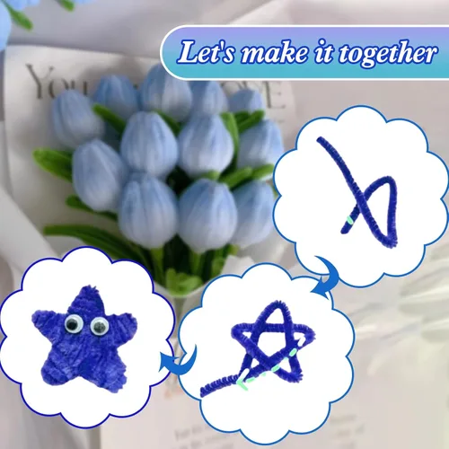Vista 8 de URSDIART 311 piezas de limpiapipas azules para manualidades - Kit de fabricación de flores de tallos de felpilla, alambre grueso y esponjoso