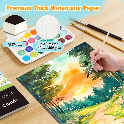 Vista 2 de Creazic Bloc de Papel para Acuarela, 9"x12" Cuaderno de Acuarela, 140 lb/300 gsm, 18 Hojas Prensado en Frío - Sin Sangría, Papel de Arte Pesado