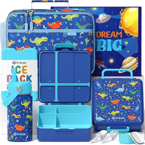 Vista 13 de Fimibuke Lonchera Bento para Niños con 4 Compartimentos, Bolsa de Almuerzo Aislada, Botella de Agua Aislada de Acero Inoxidable, Paquete de Hielo