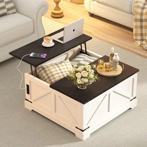 Vista 9 de Mesa de café con almacenamiento, mesa rústica de elevación con centro cuadrado de madera estilo granja con estación de carga, mesas de cóctel